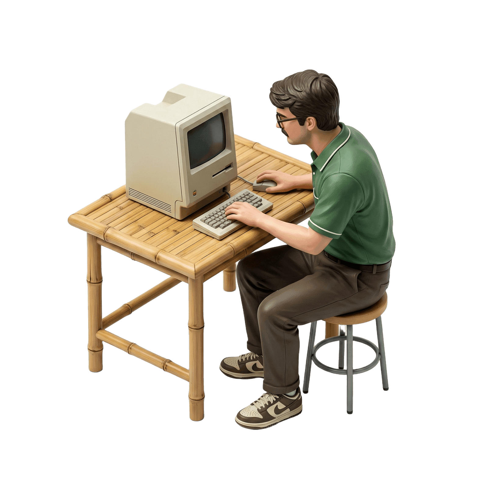 Shaughv typing at a vintage Mac on a bamboo desk.